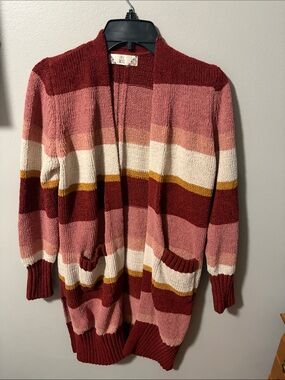 Striped Open-Front Cardigan - Rose, Cream & Mustard